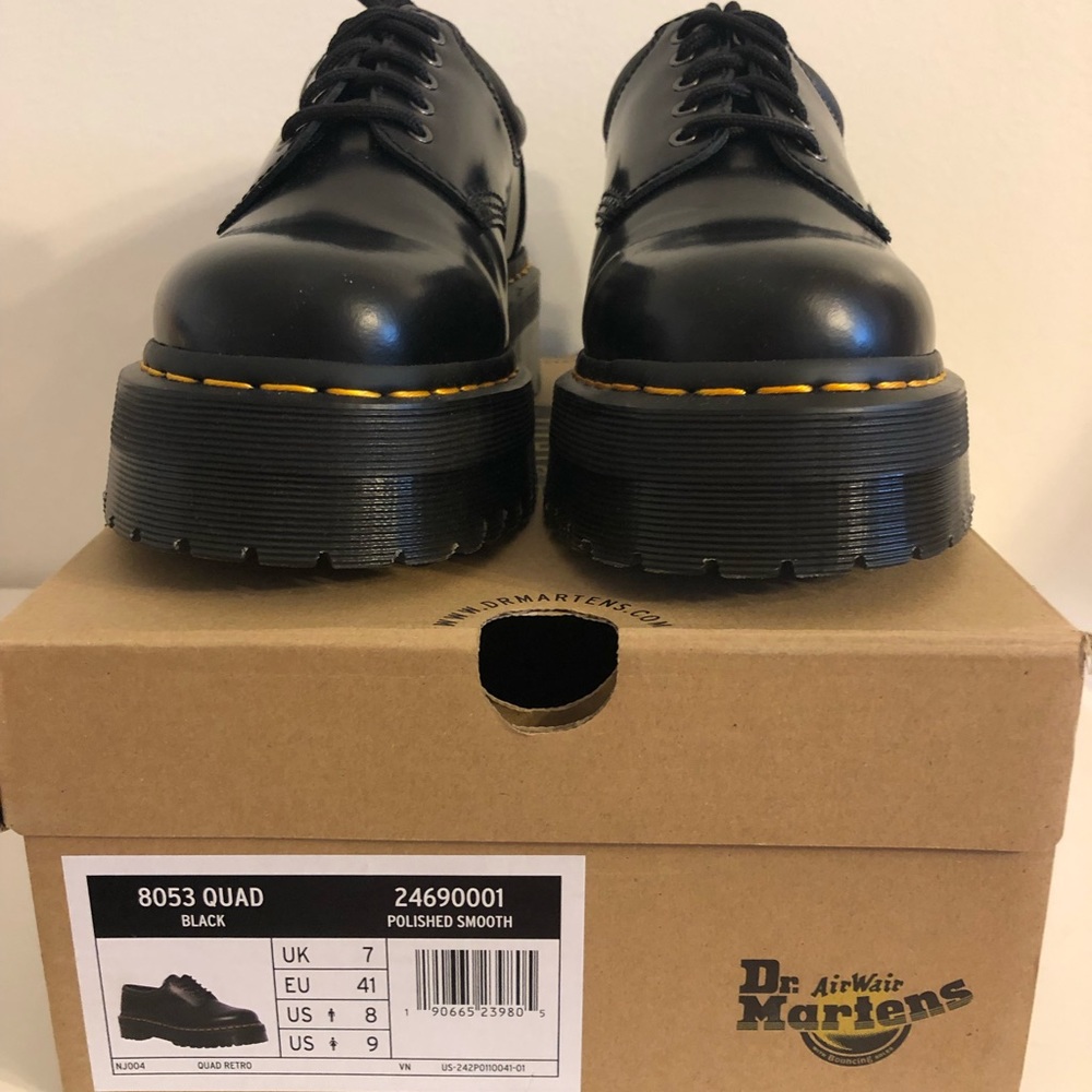Dr. Martens Black Polished Quad Platform Oxfords with Yellow Stitching
